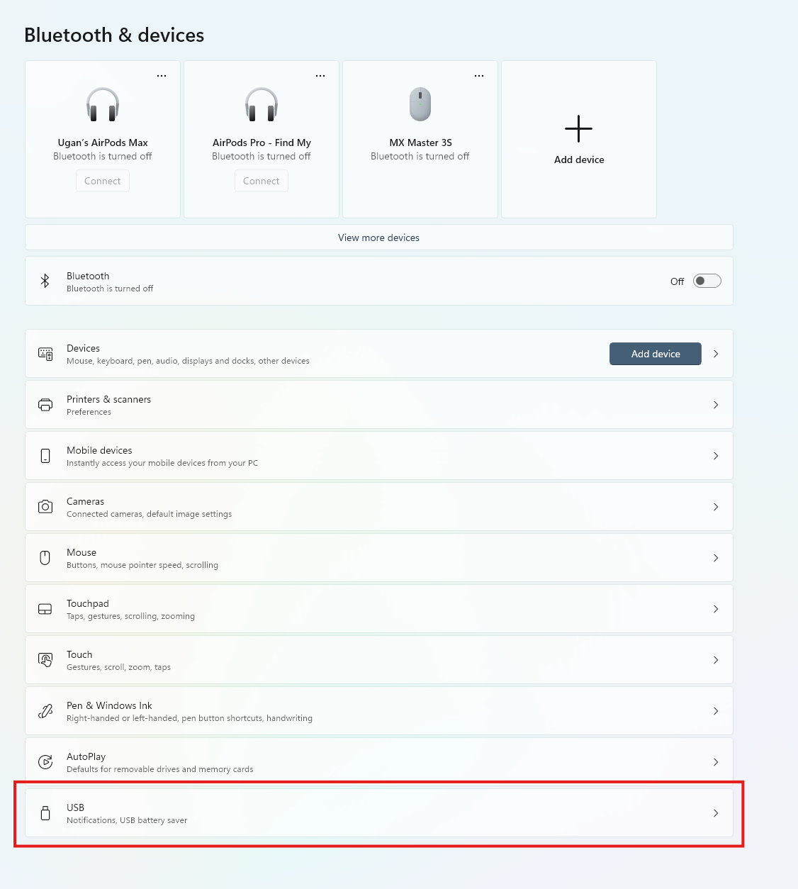 ▲ 路径示意图：设置应用 > 蓝牙和其他设备 > USB