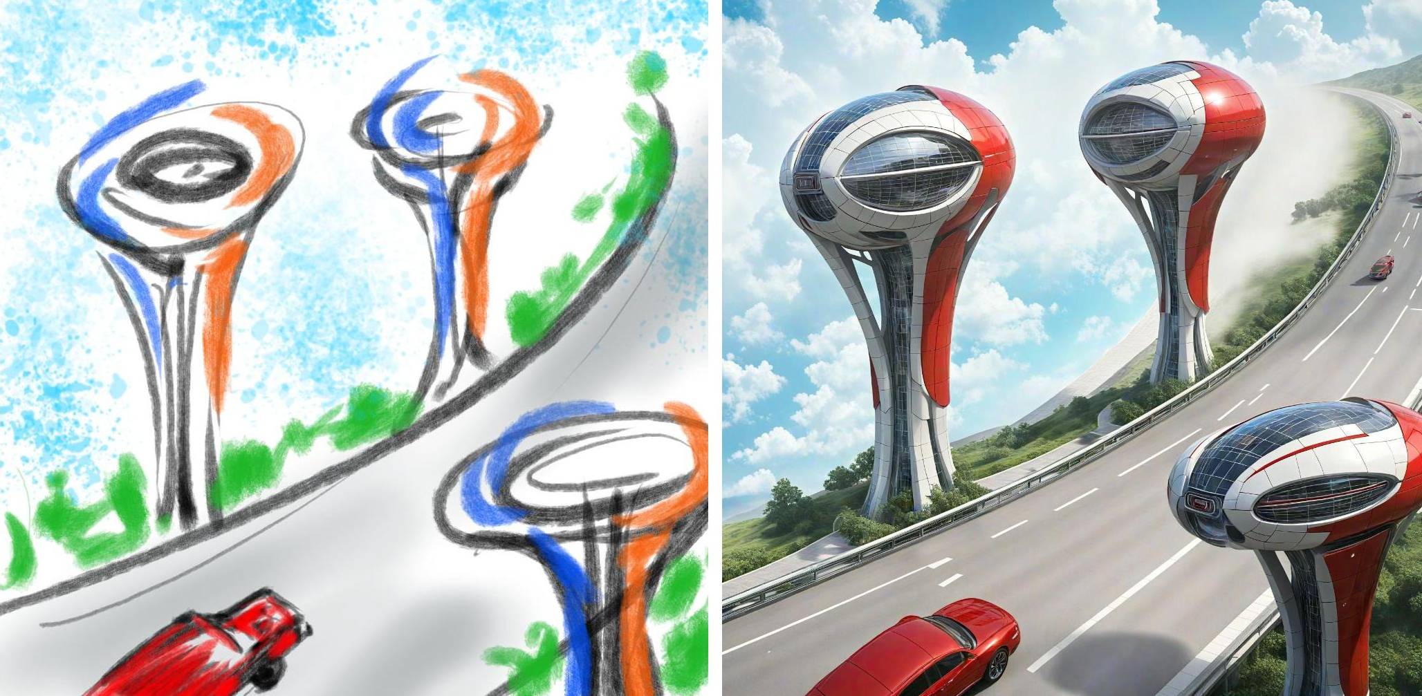 “亦心AI闪绘”手绘实时生图功能，左：“手残”小编手绘图像，右：一键生成高细节图像