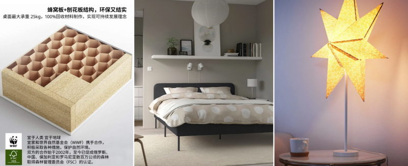 拉克边桌（左）、斯拉图床架（中）和思吉拉台灯（右）