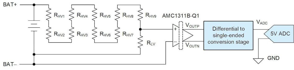 图2. 所示为使用分立电阻梯的电池电压测量电路。