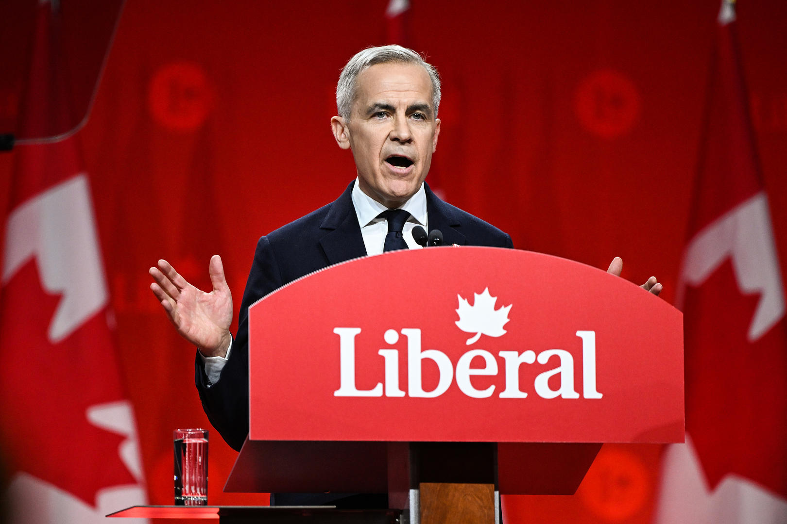 ↑当地时间2025年3月9日，加拿大自由党新任领导人马克·卡尼发表胜利演讲。图据视觉中国