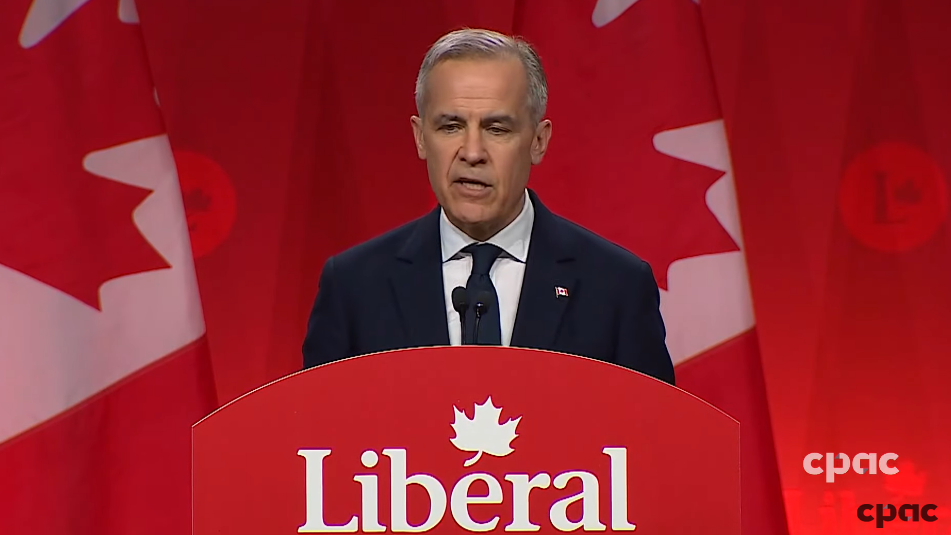 Mark Carney在3月9日的胜选演讲中发言。来源：有线电视公共事务台（Cable Public Affairs Channel）