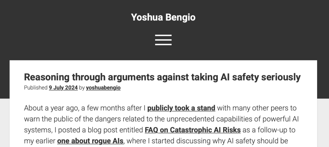 约书亚·本希奥的警示长文｜图片来源：Yoshua Bengio