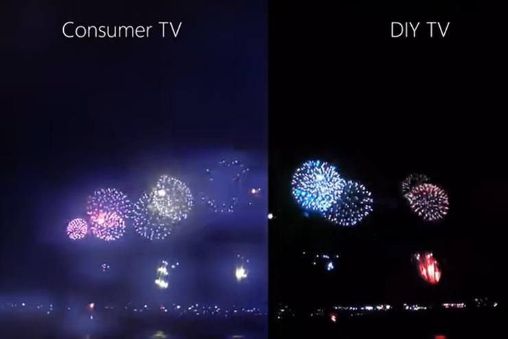 （改造前后对比，右边是使用投影做背光的“新”电视，截图自DIY Perks视频）