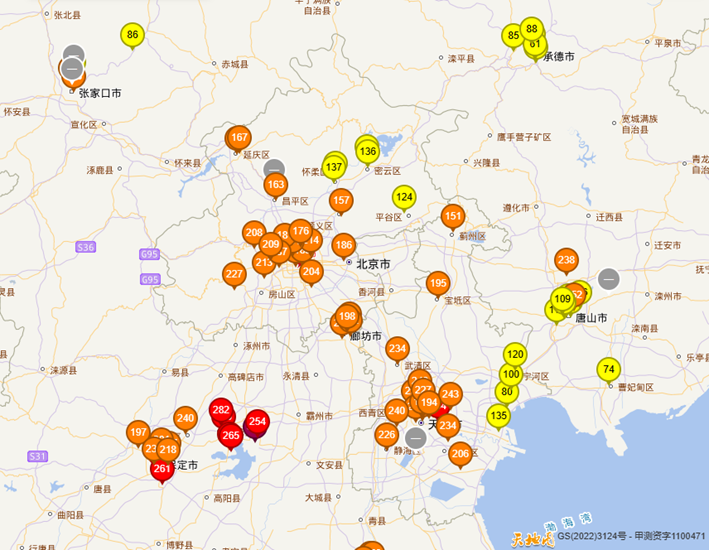 3月13日14时北京市及周边PM10浓度分布（来源：中国环境监测总站）