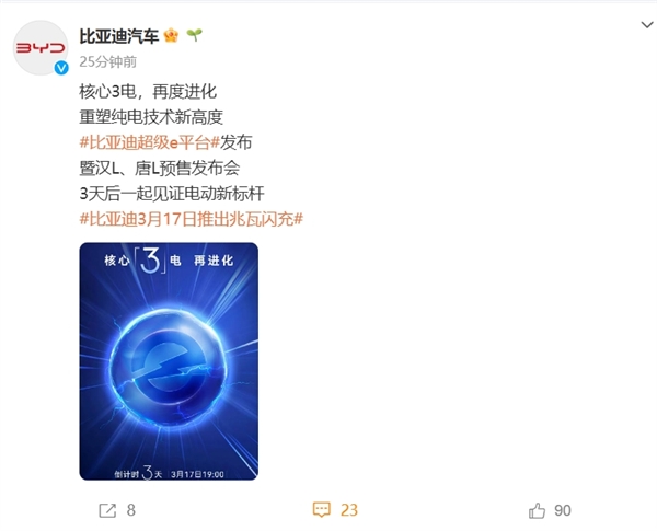 据悉，比亚迪的核心三电将再进化。从海报中也可以看到，最显眼的八个字为：“兆瓦闪充，油电同速”。