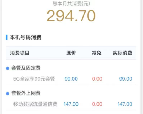 话费账单部分截图