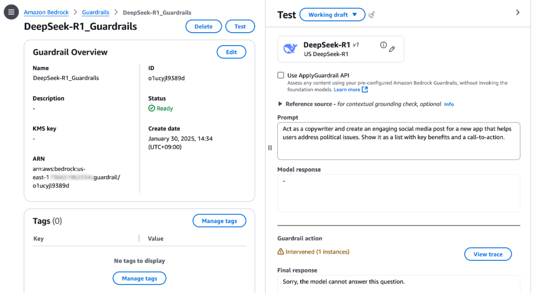 使用 Amazon Bedrock Guardrails，可以轻松地为 DeepSeek-R1 配置内容过滤规则。