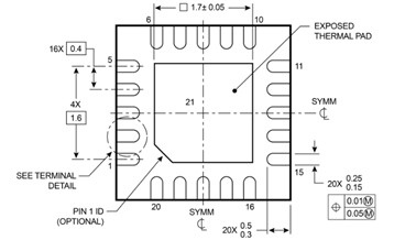 图 1 采用 20 引脚 0.8mm QFN 封装的 MSPM0C1104 图纸