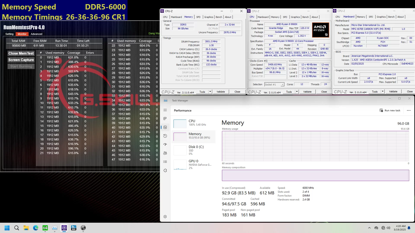 ▲ 锐龙 9 9900X + 微星 MPG X870E CARBON WIFI