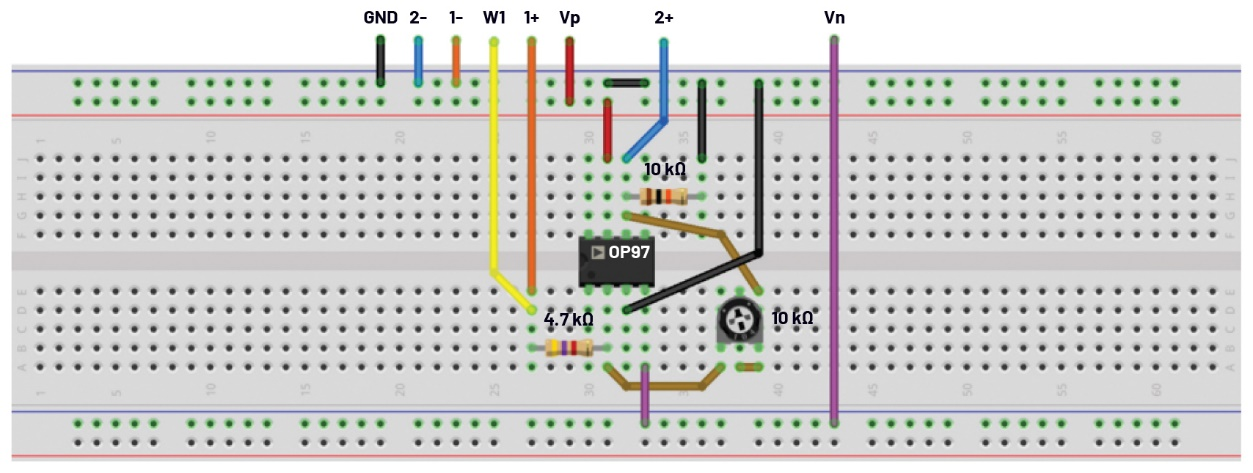 图5 使用电位计的可变增益反相放大器的试验板电路