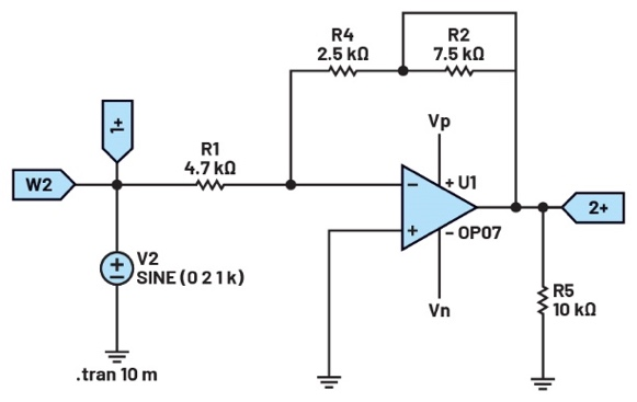 图4 使用电位计的可变增益反相放大器