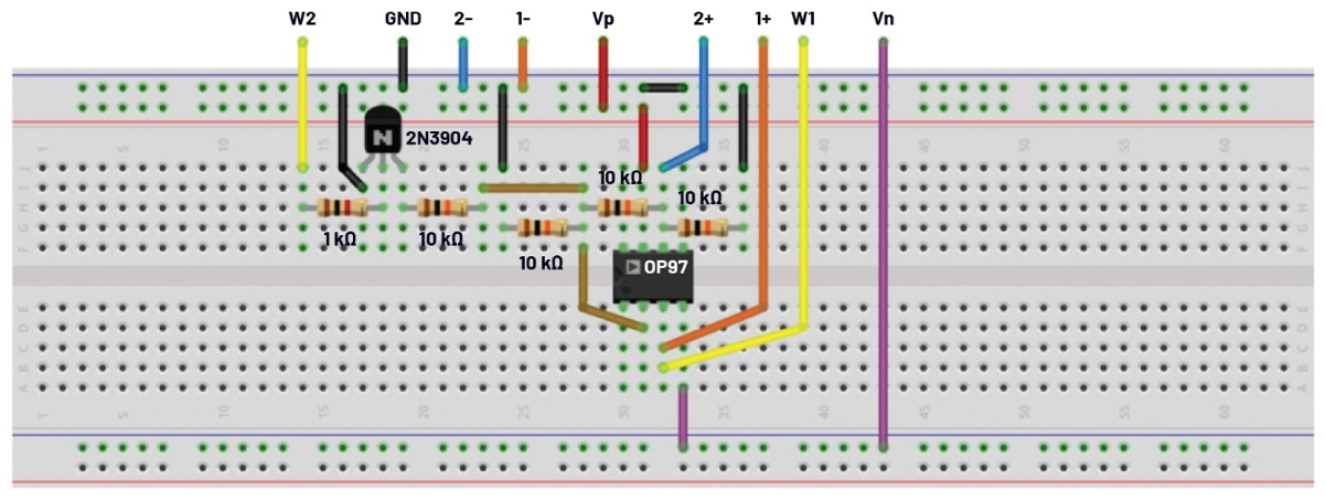 图2 使用晶体管的压控放大器的试验板电路
