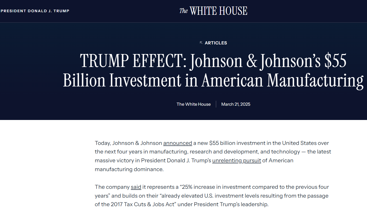 特朗普效应”持续发威！强生未来四年将在美投资超550亿美元