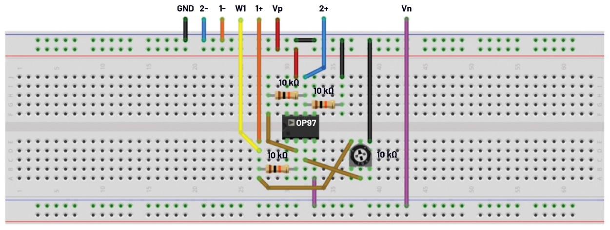 图8.使用电位计的可变增益反相/同相放大器的试验板电路