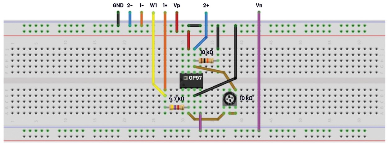 图5.使用电位计的可变增益反相放大器的试验板电路
