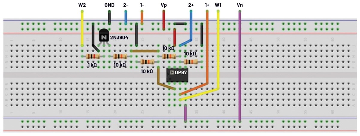图2.使用晶体管的压控放大器的试验板电路