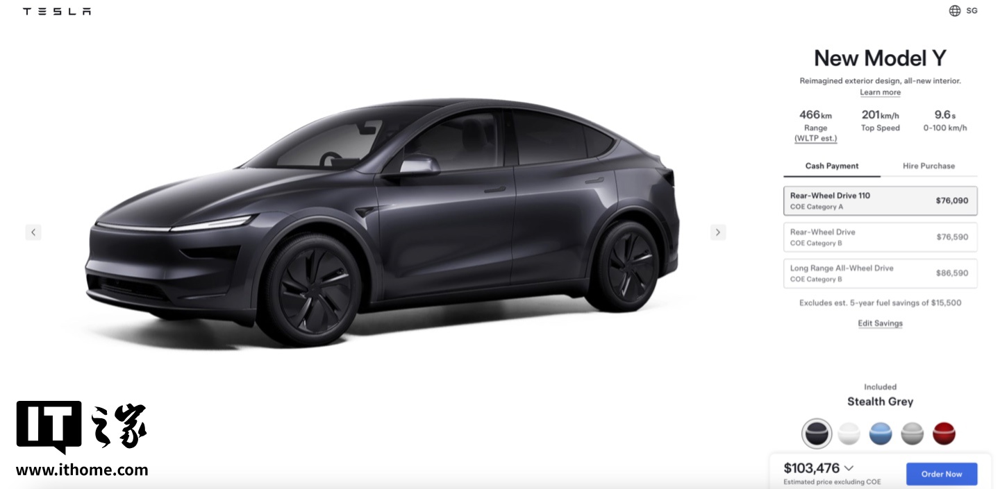 专为绕过“动力税”设计：特斯拉在新加坡推出零百加速9.6 秒的焕新Model Y 汽车110 kW 后驱版
