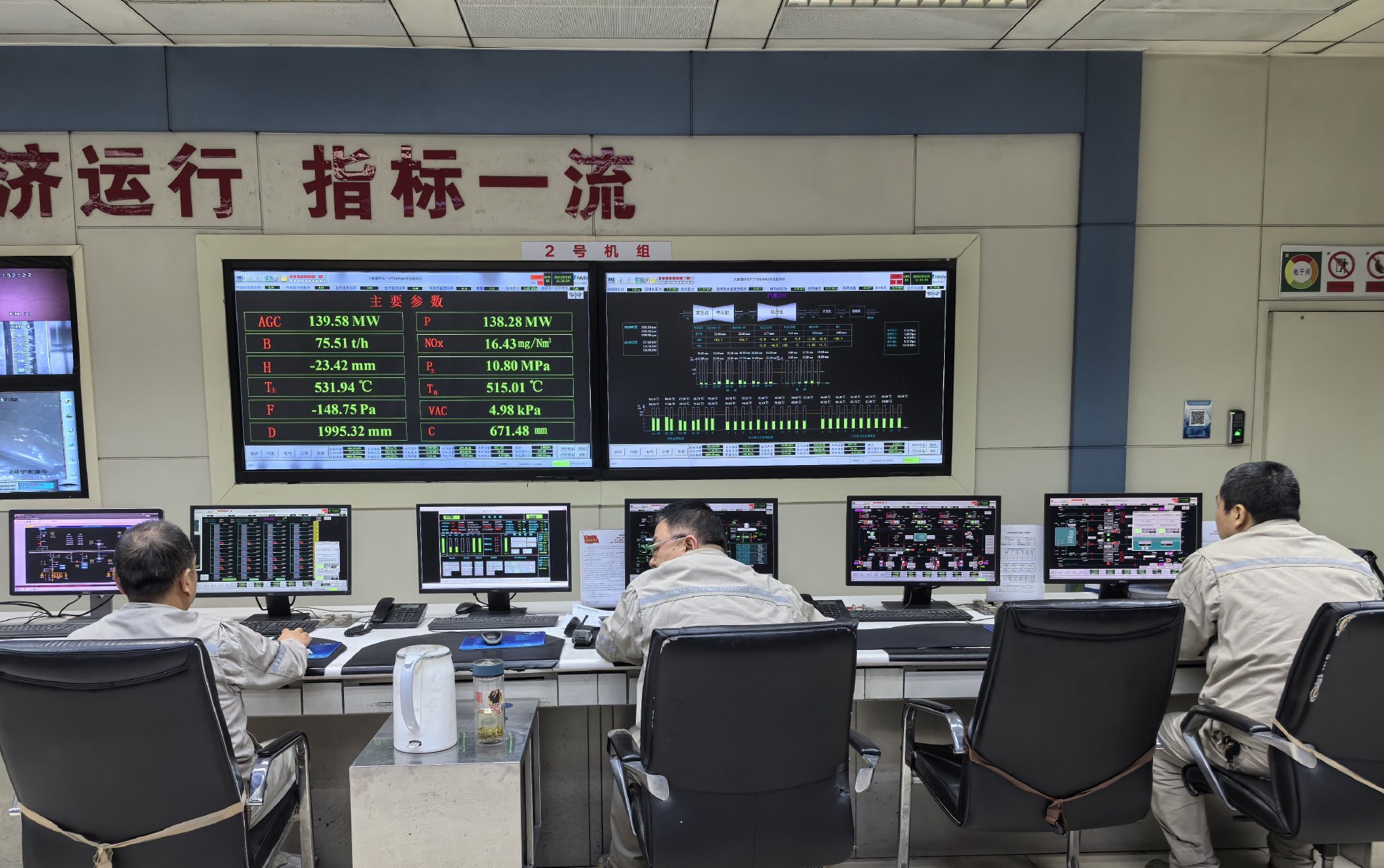 西安大唐灞桥热电厂300mw发电机机房集控室工作人员监视发电机组运转