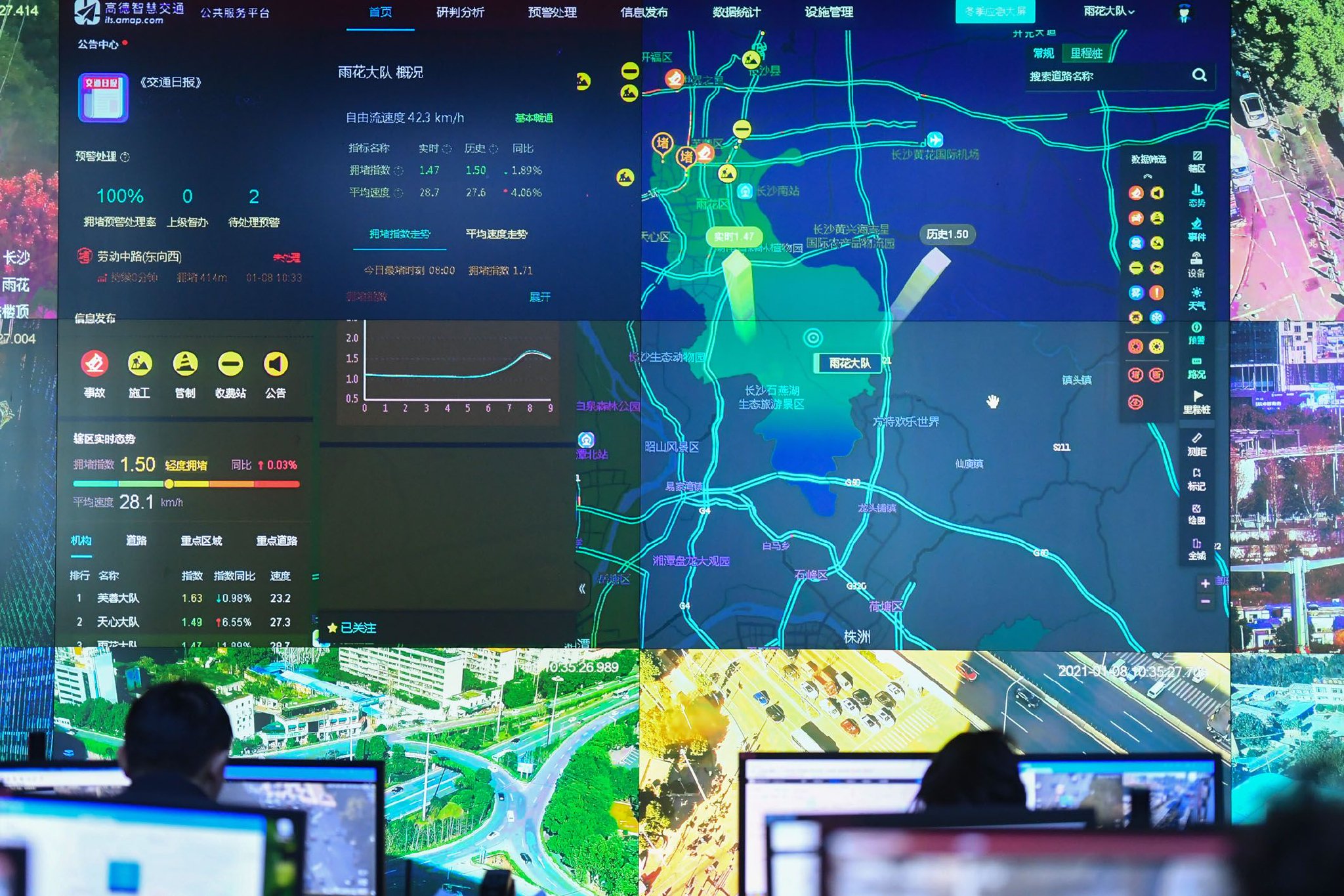 图为湖南长沙公安局交通警察支队雨花大队的工作人员通过智慧交通管理指挥平台查看交通情况。记者　陈泽国　摄