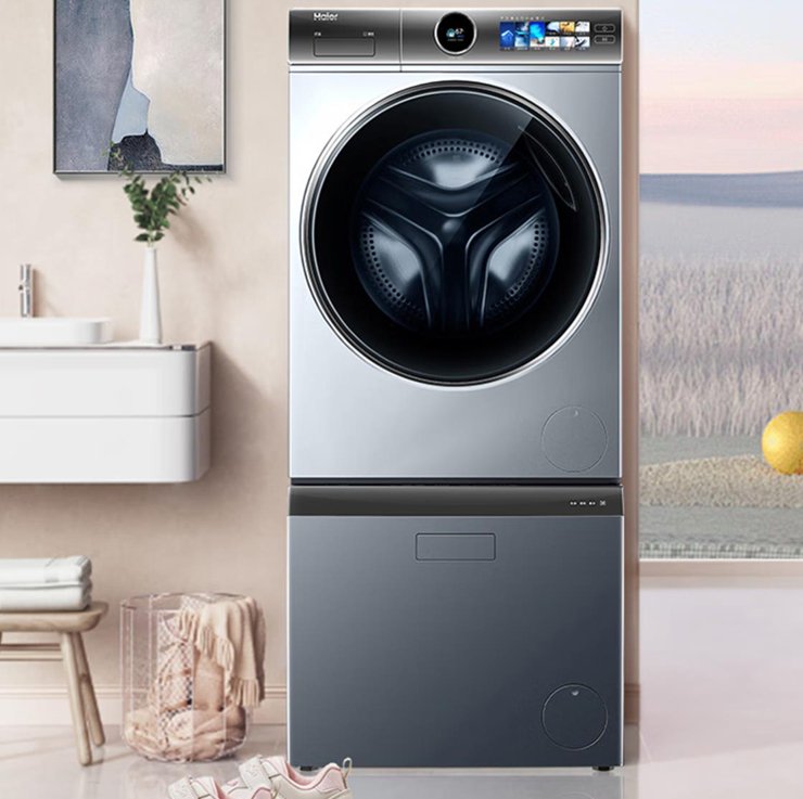 （图：海尔洗鞋机与洗衣机组合示意，截图自电商平台产品页）