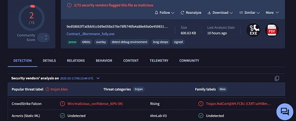 图：瑞星在VirusTotal上率先检测出该病毒