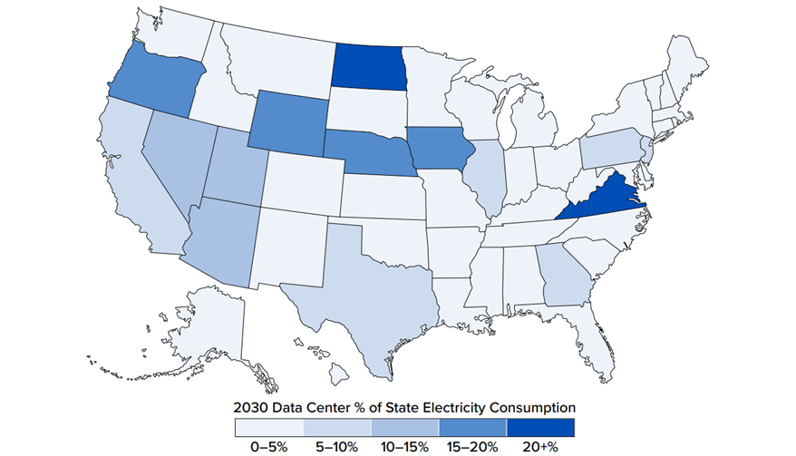 图说：2030年数据中心占各州电力消费份额（预测）