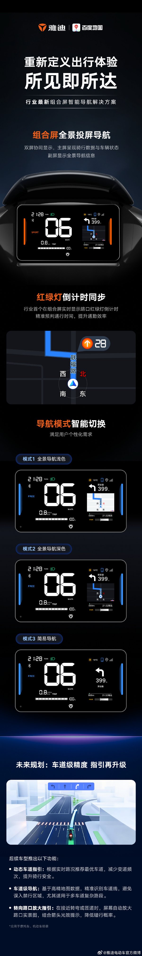 雅迪电动车也有百度地图导航了：支持红绿灯倒计时