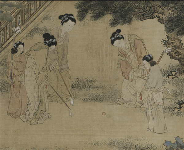 明代杜堇《仕女图》局部。图片中仕女玩的“步打球”也是唐朝人经常在寒食节玩的运动。图片来自上海博物馆网站