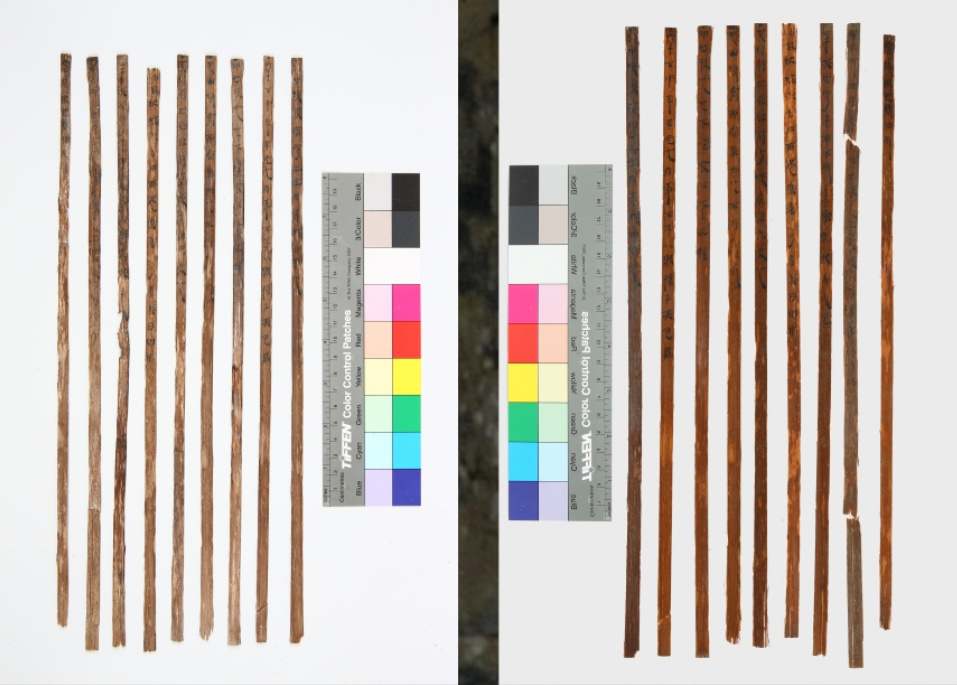 左：脱水后；右：脱色后。图片来源：万年永宝——中国馆藏文物保护成果展