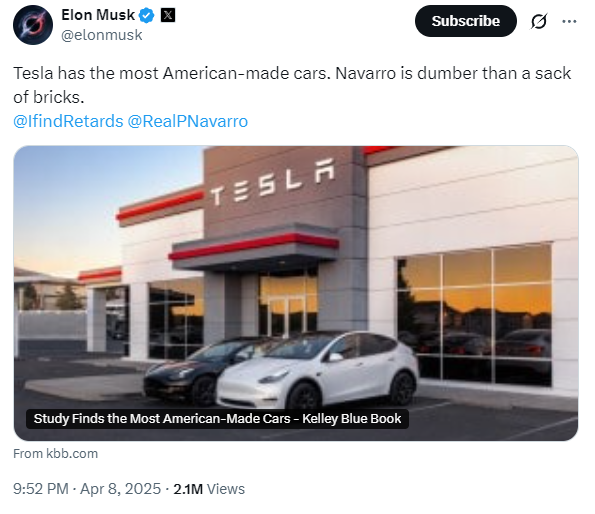 马斯克发帖称“纳瓦罗比一袋砖头还蠢”