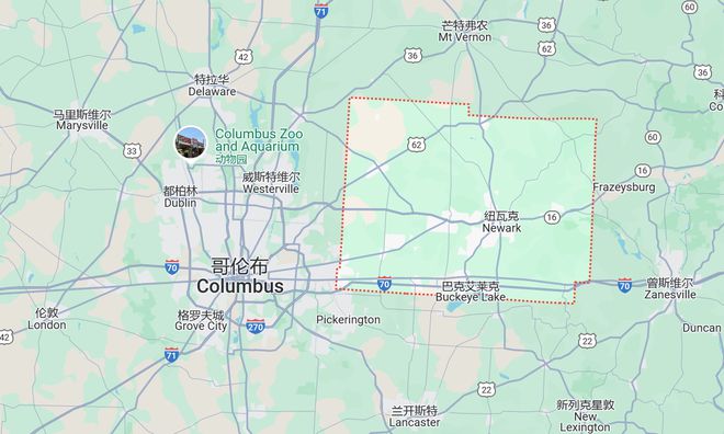 ▲ 位于该州首府哥伦布附近的利金县（方框内浅绿色区域）