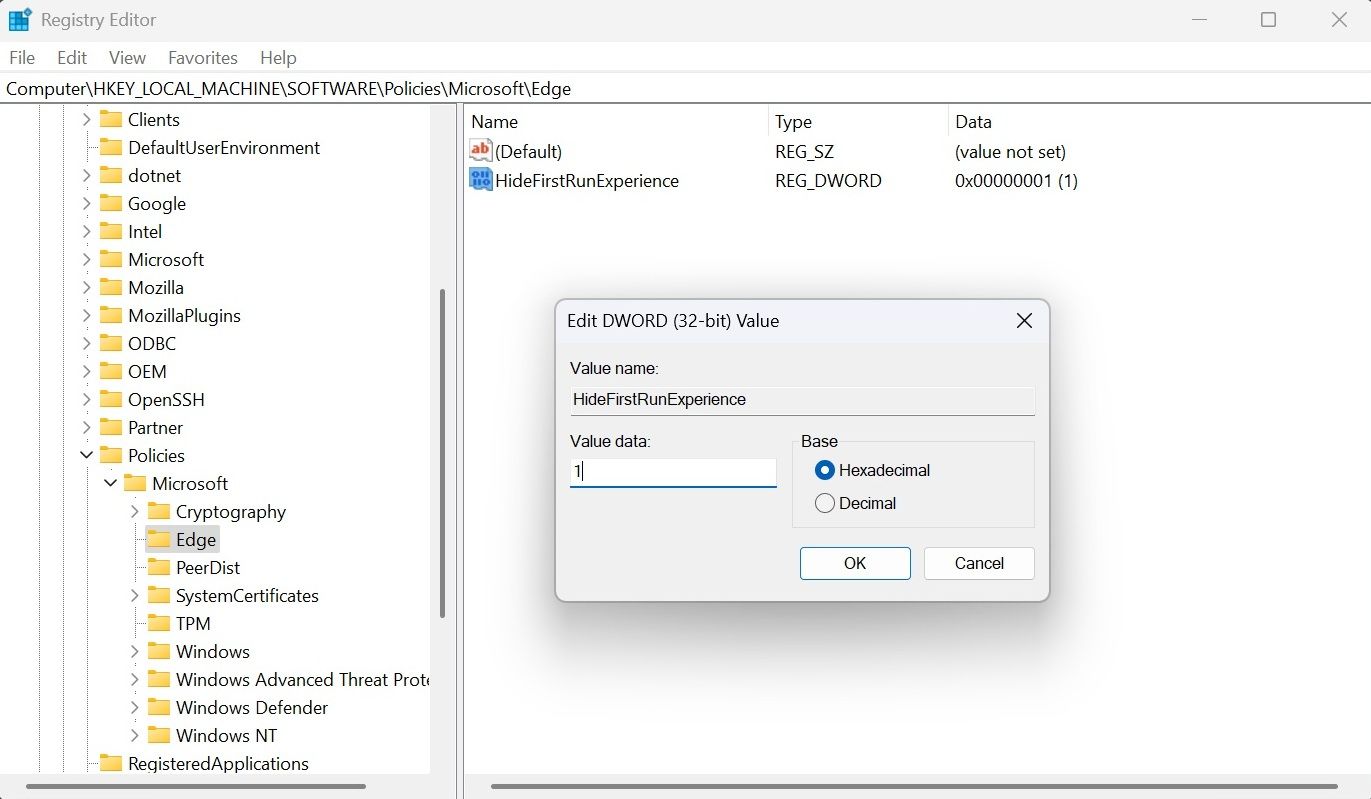 HideFirstRunExperience 设置为 0，代表禁用
