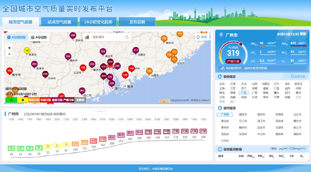 截至4月13日13时，广州市空气质量为严重污染级别。中国环境监测总站官网截图
