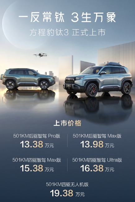 年轻人的第一款纯电力销售SUV！方程豹钛3正式发