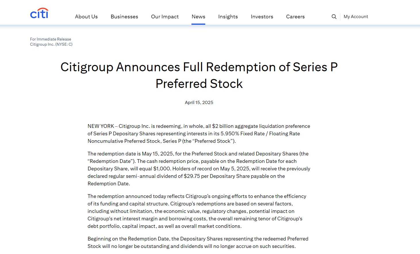 花旗集团：将于5月15日全额赎回P系列优先股