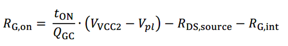 其中Q GC 是图1中C时刻到D时刻的充电电荷。如果有明确的米勒平台时间t ON 设计目标值，可以利用上面公式得出R G,on 。