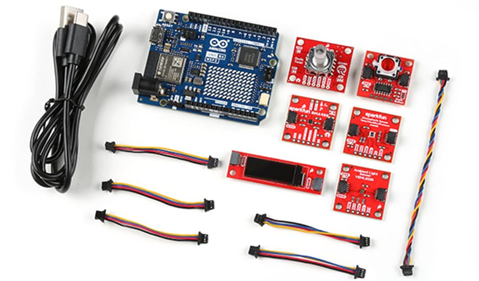 图 1 .   展示Arduino Uno R4和各种Qwiic设备的Sparkfun套件图片。