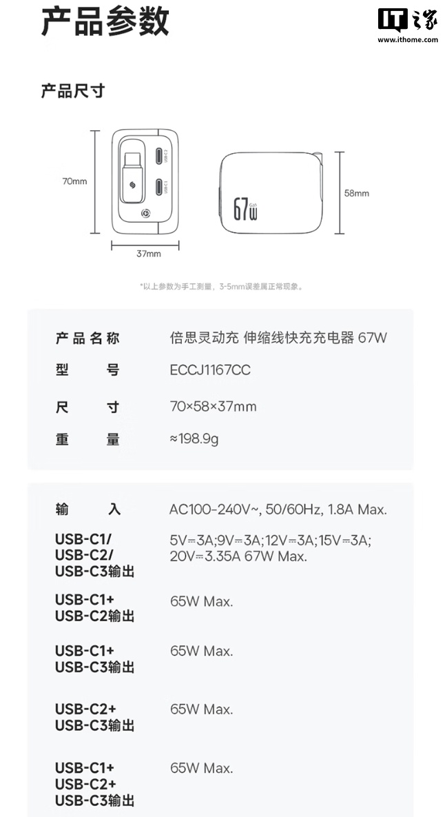 京东倍思灵动充“伸缩线快充充电器”67W定价 249 元国补价 224.1 元直达链接