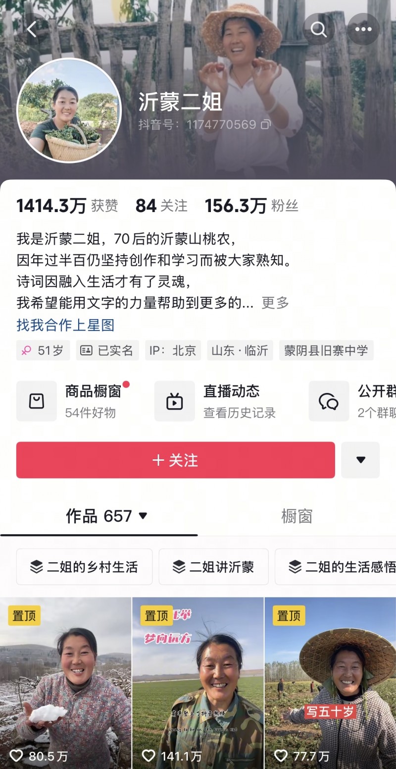 图说：@沂蒙二姐 的抖音主页截图