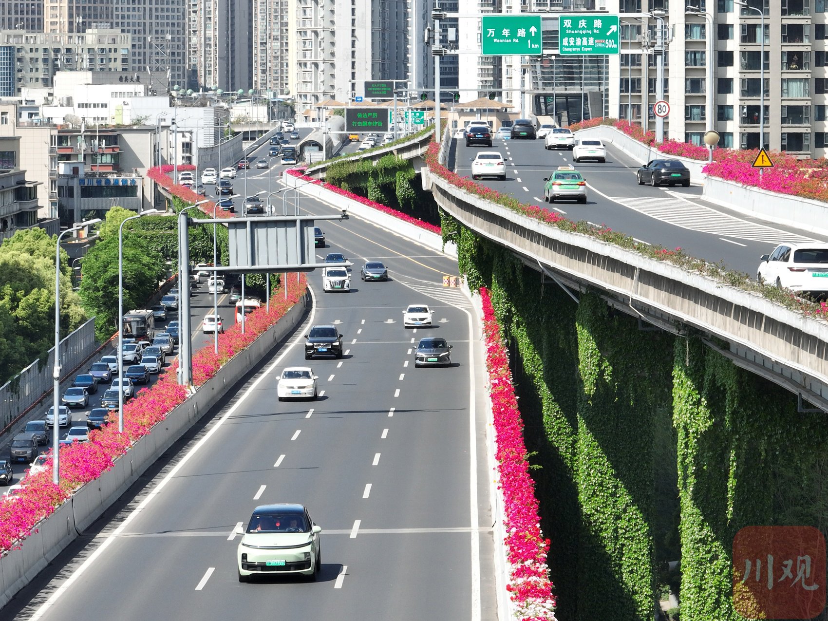 成都二环高架双桥子立交桥上的花卉景观
