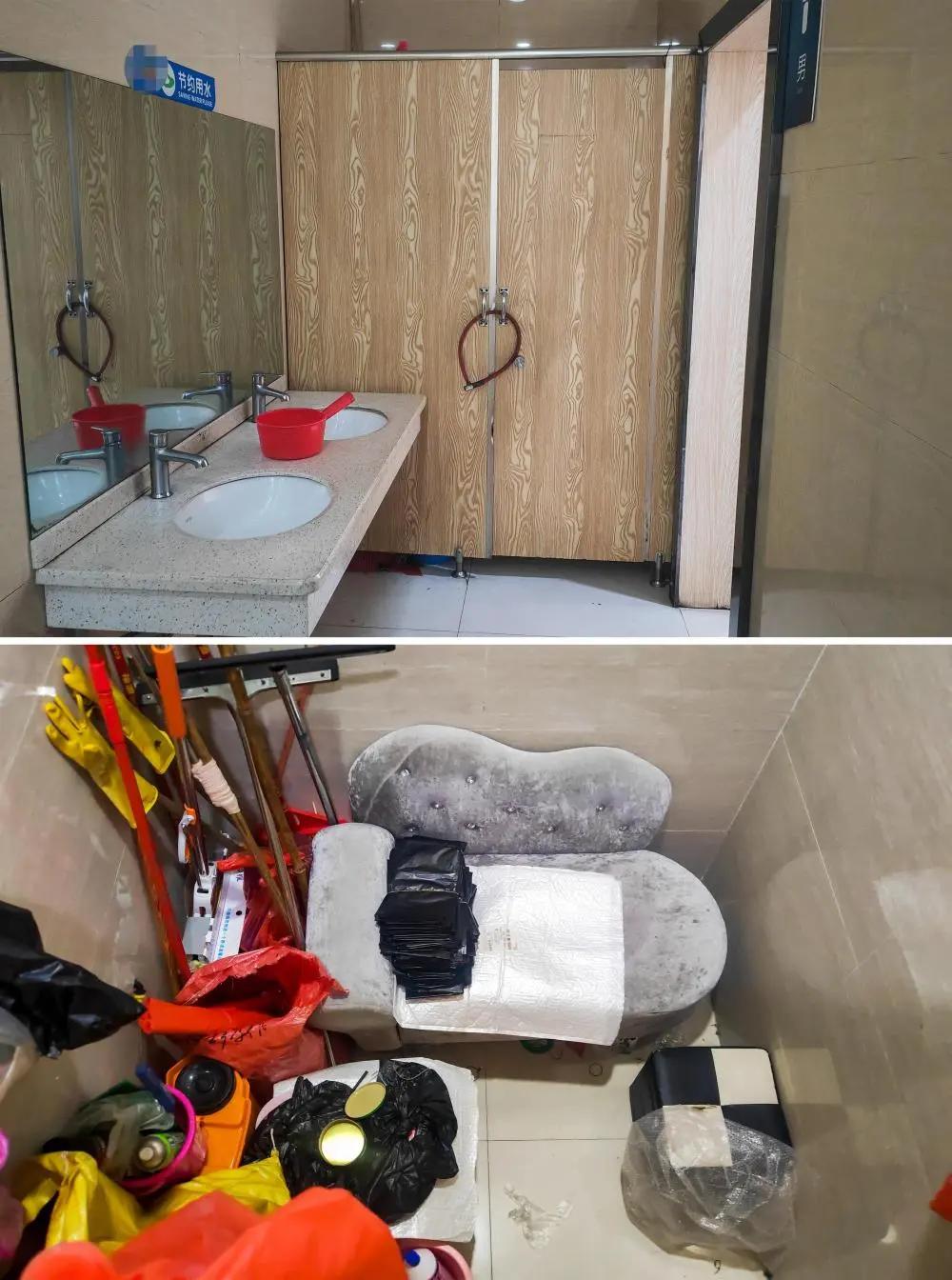 在广西某市一家商场内,卫生间里的一个小隔间既是保洁工具间,又是保洁