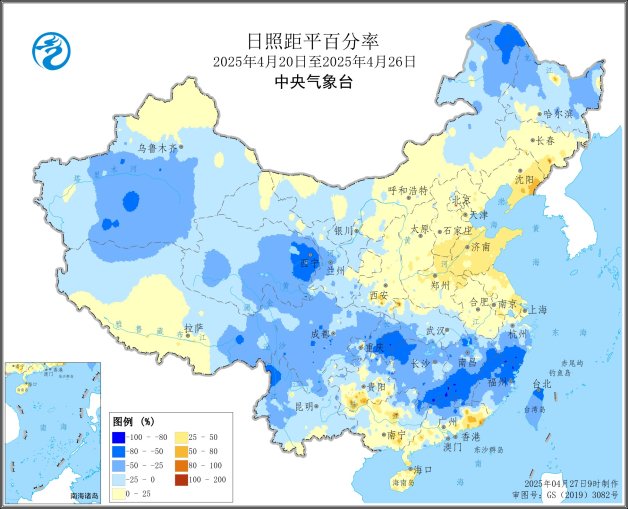 图3 全国日照距平百分率