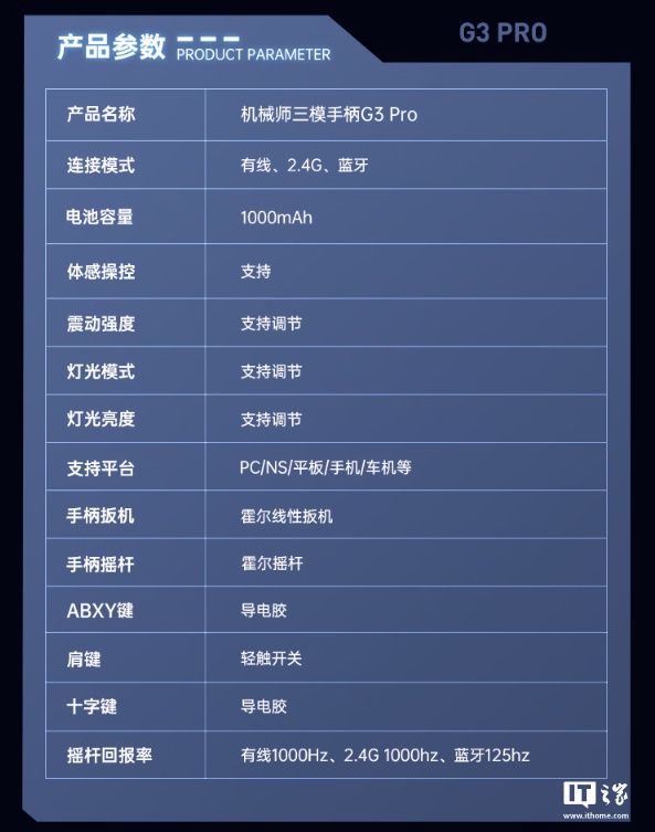 京东机械师 G3 Pro 游戏手柄1000mAh 电池 | 六轴体感199 元直达链接