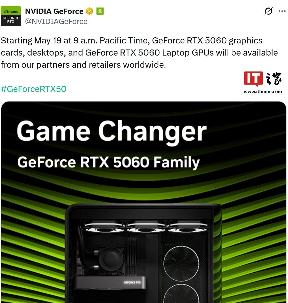 英伟达RTX 5060 显卡和笔记本电脑GPU 将于北京时间本月20 日00:00 开售