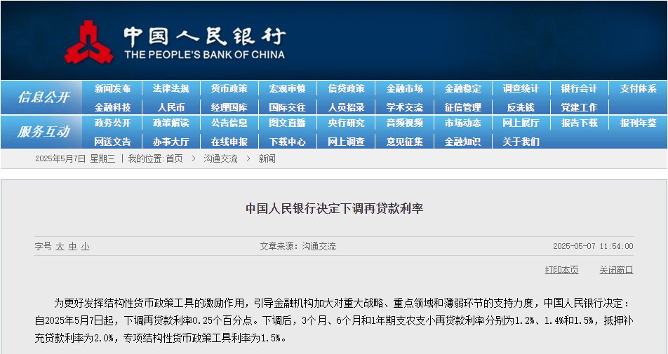 中国人民银行:5月7日起,下调再贷款利率0.25个百分点