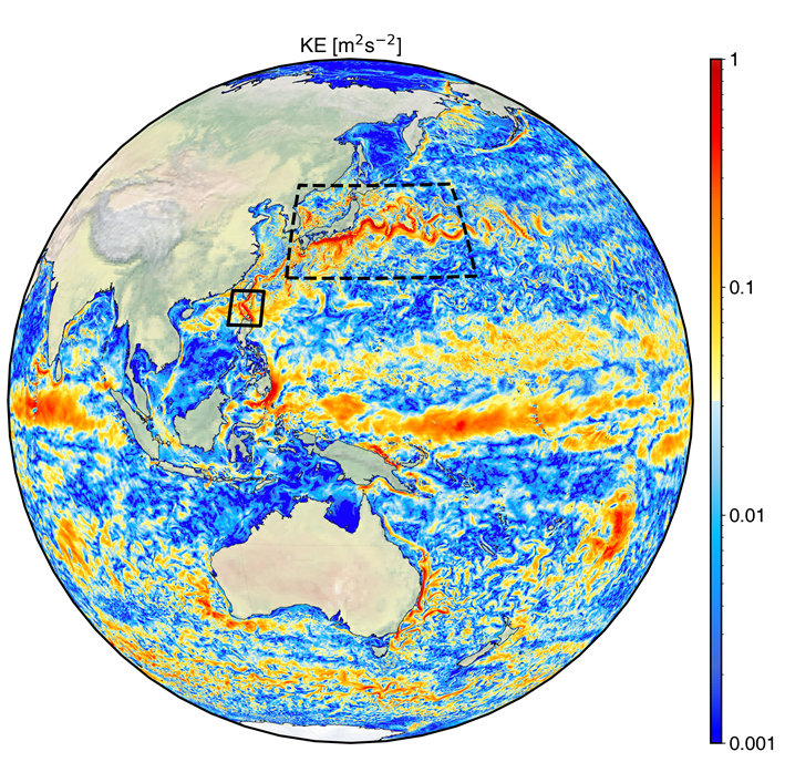全球1公里模拟2016年1月19日的表面海洋动能。受访者供图