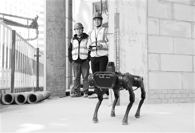 图为项目管理人员向工人展示机器狗的使用方法。 受访单位供图