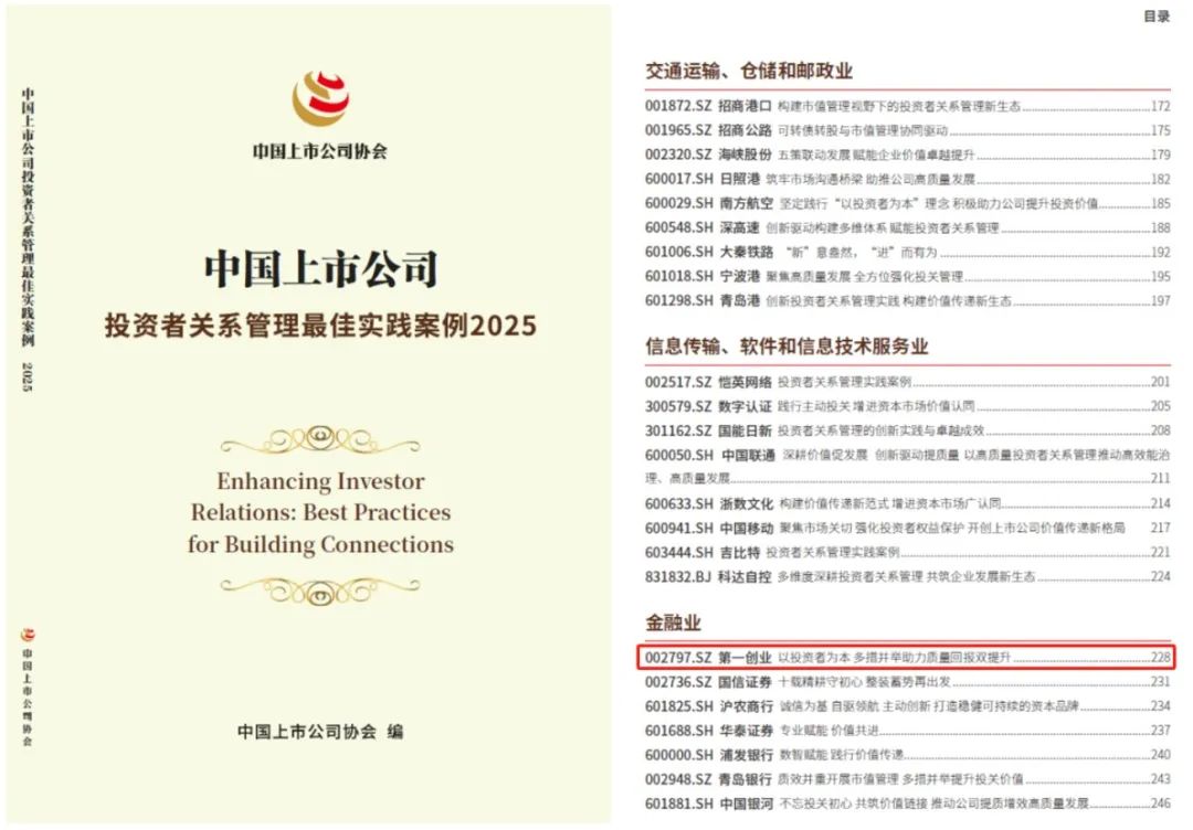 第一创业证券蝉联中国上市公司协会“上市公司投资者关系管理最佳实践”