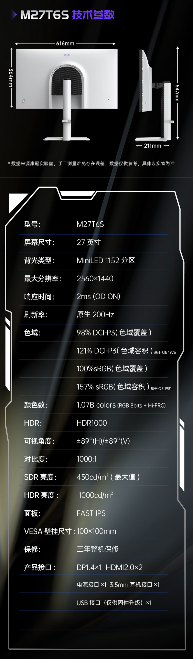 京东KTC 27 英寸显示屏 M27T6S2K 200Hz Mini LED849.15 元直达链接